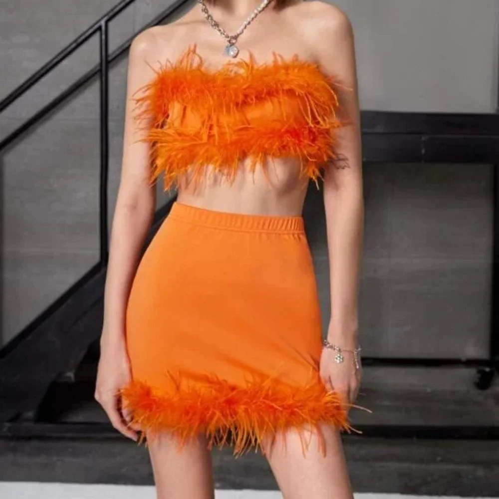 Feather trimmed Mini Skirt and Crop top Orange - Picture 2 of 6